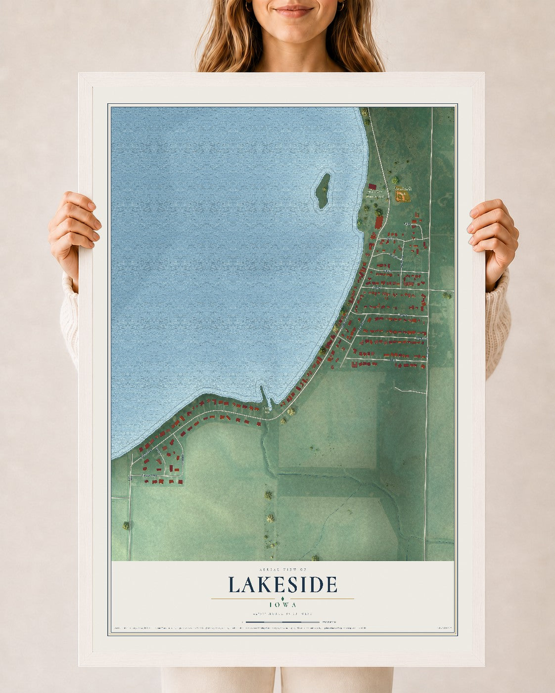 Map of Lakeside, Iowa, 24 x 36 inch print in a white wood frame