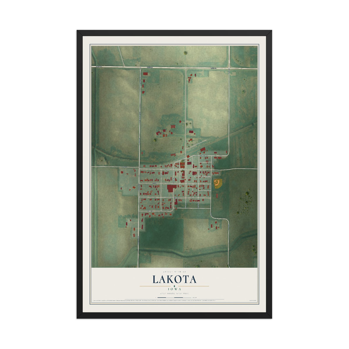 Map of Lakota, Iowa, 12 x 18 inch print in a black wood frame