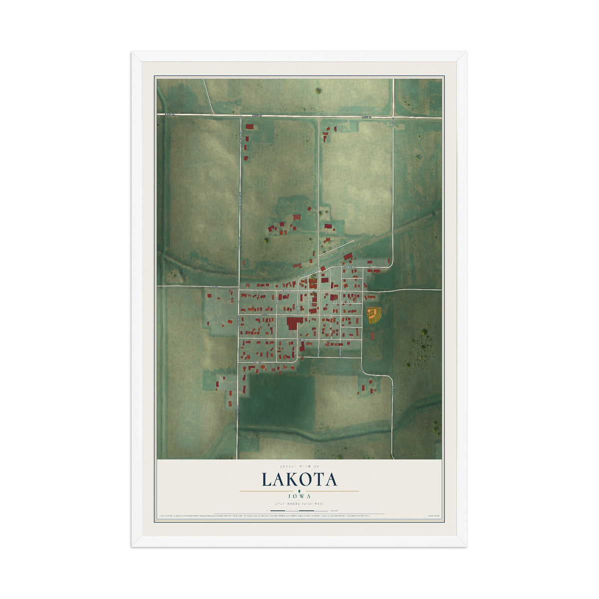 Map of Lakota, Iowa, 12 x 18 inch print in a white wood frame