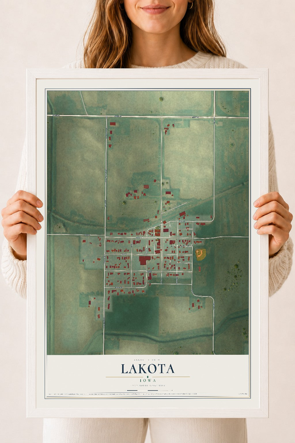 Map of Lakota, Iowa, 18 x 24 inch print in a white wood frame