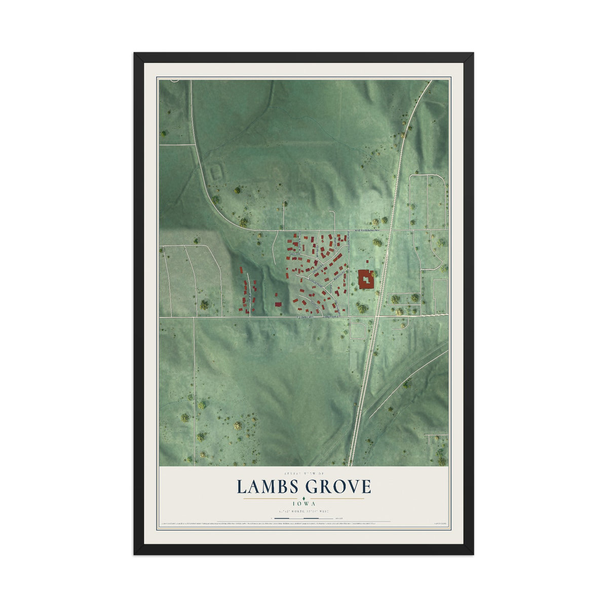 Map of Lambs Grove, Iowa, 12 x 18 inch print in a black wood frame