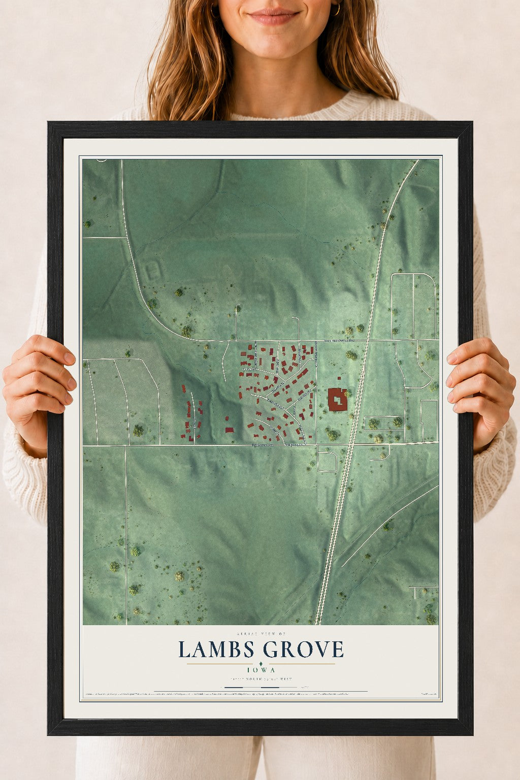 Map of Lambs Grove, Iowa, 18 x 24 inch print in a black wood frame