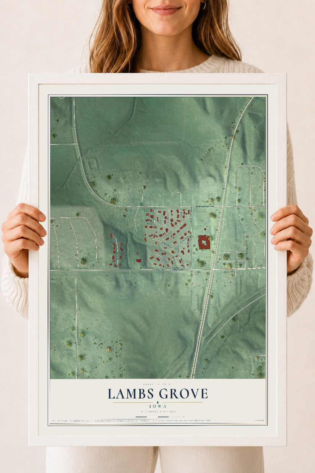 Map of Lambs Grove, Iowa, 18 x 24 inch print in a white wood frame