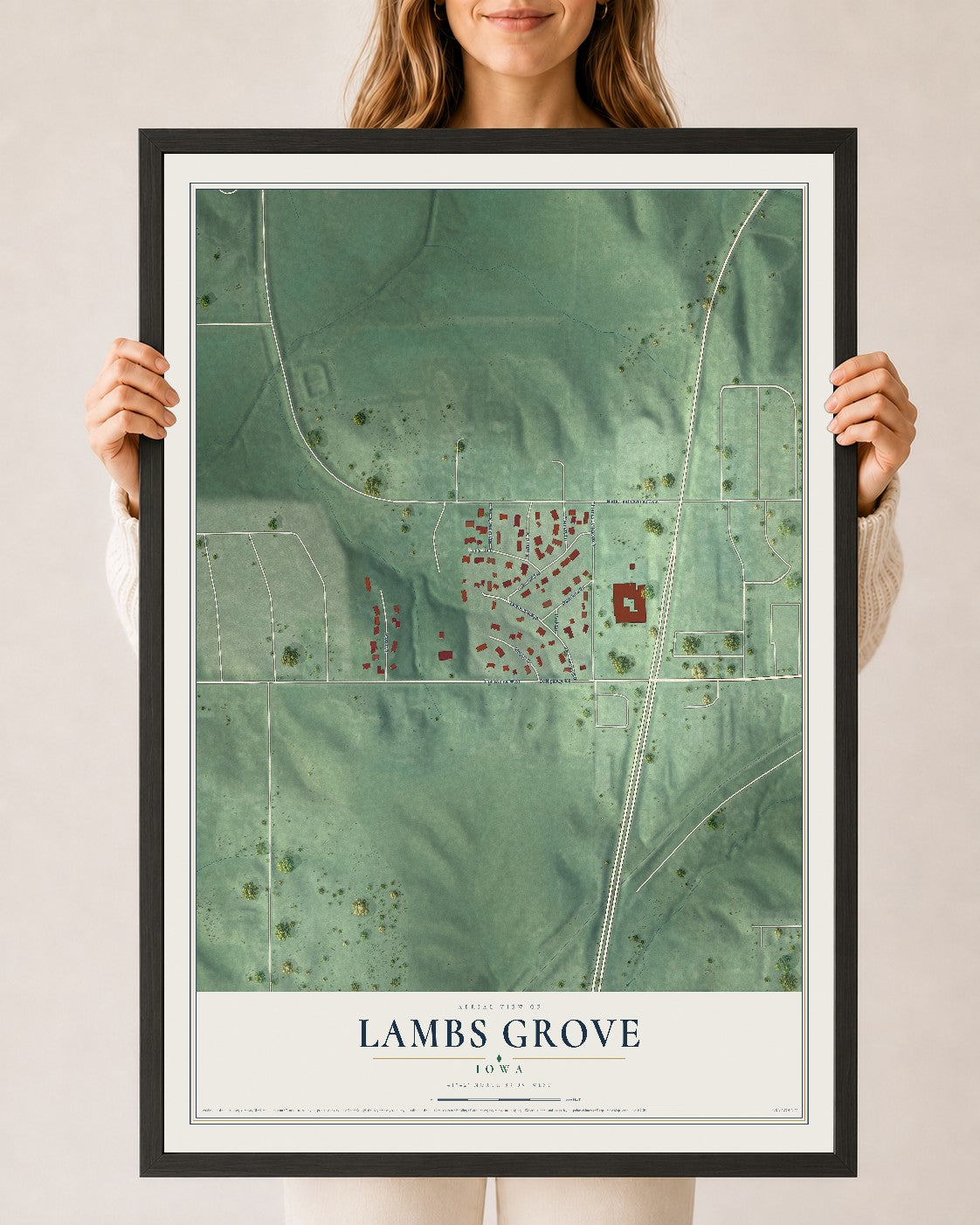 Map of Lambs Grove, Iowa, 24 x 36 inch print in a black wood frame