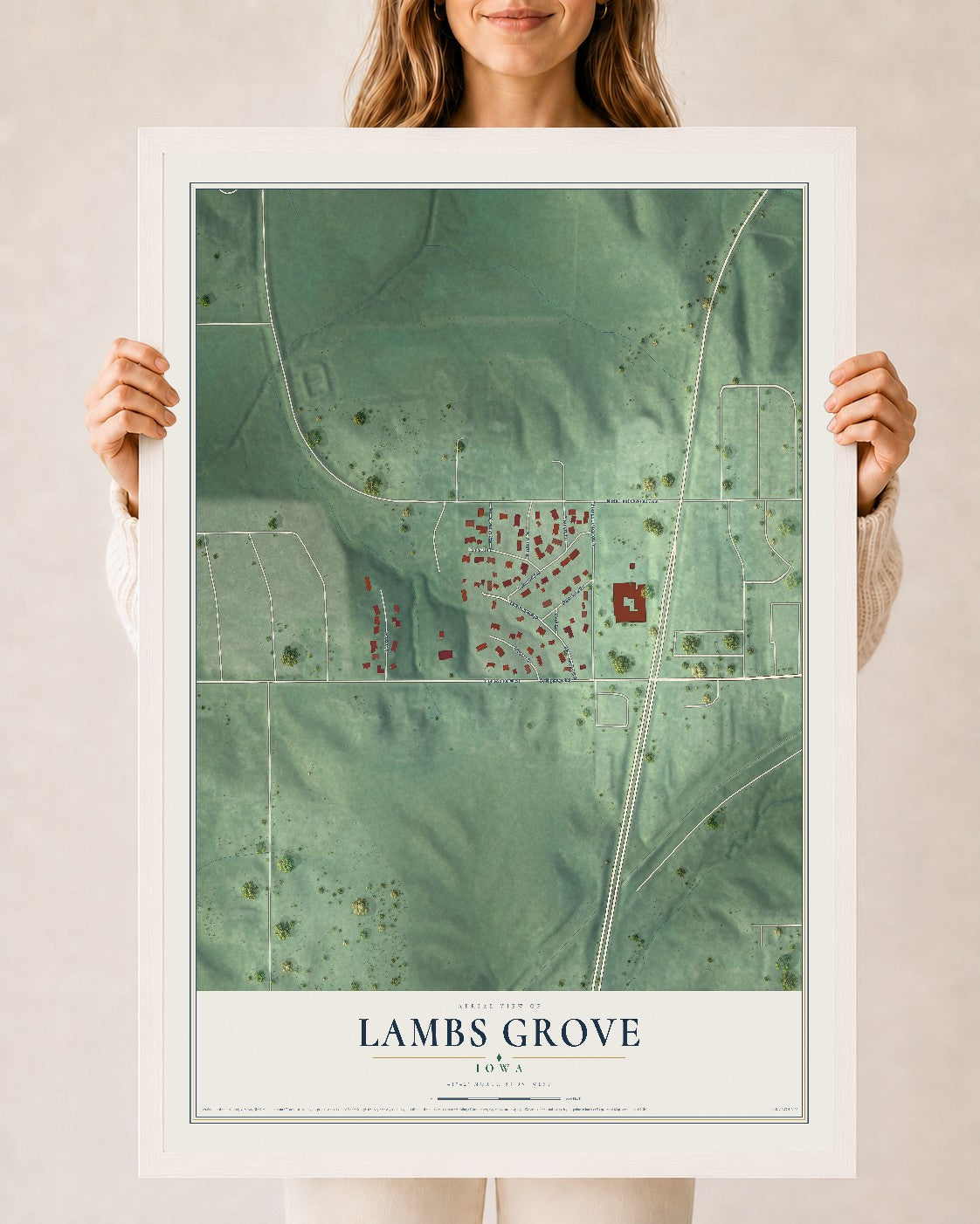 Map of Lambs Grove, Iowa, 24 x 36 inch print in a white wood frame
