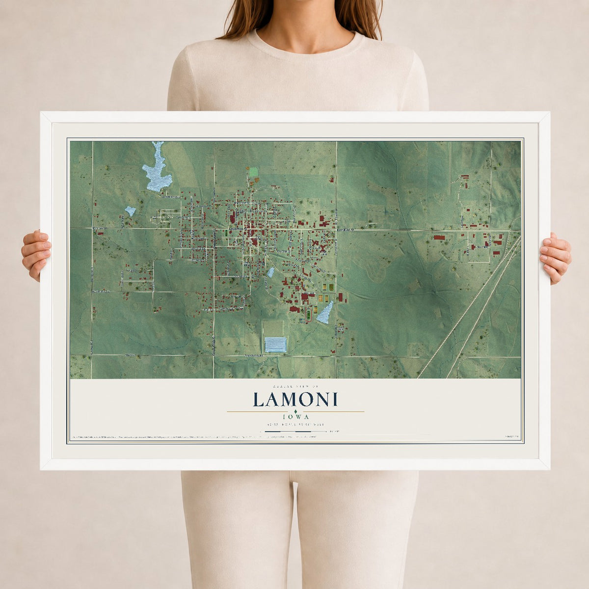 Map of Lamoni, Iowa, 24 x 36 inch print in a white wood frame