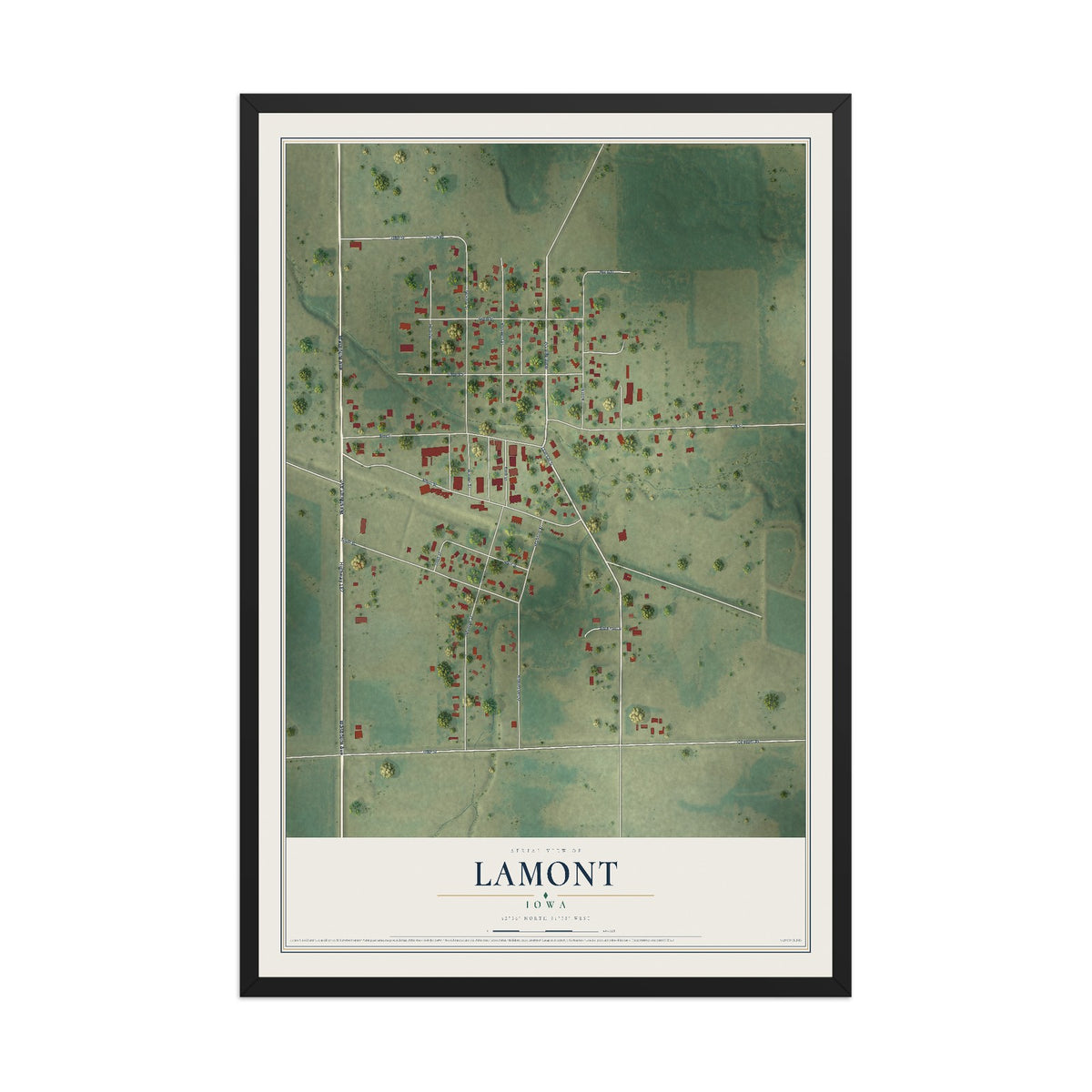 Map of Lamont, Iowa, 12 x 18 inch print in a black wood frame