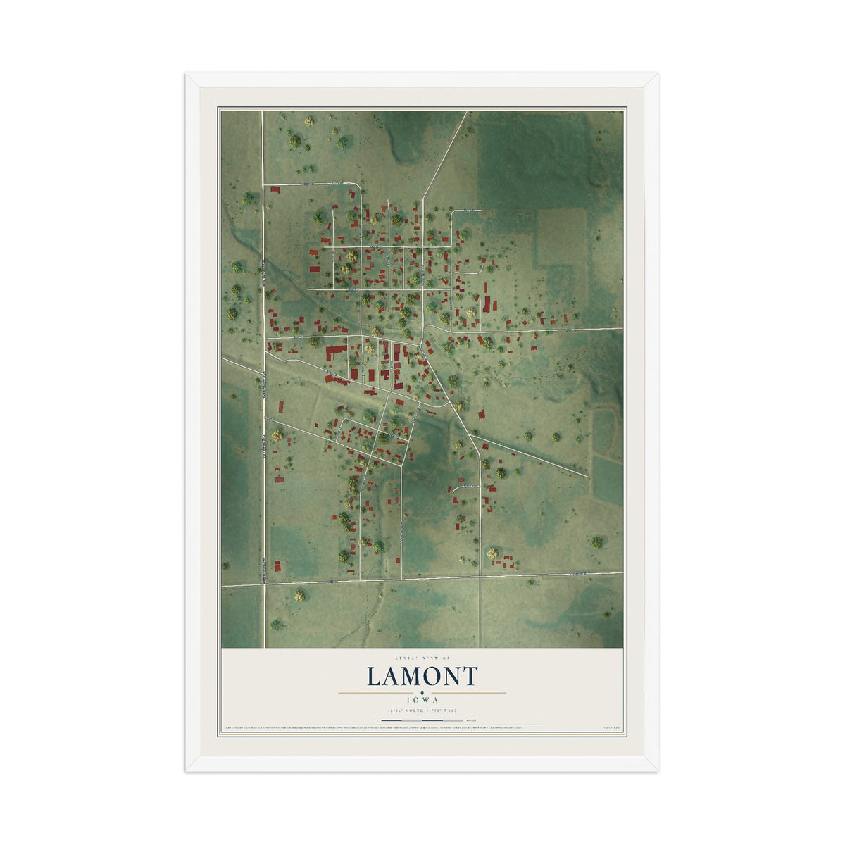 Map of Lamont, Iowa, 12 x 18 inch print in a white wood frame