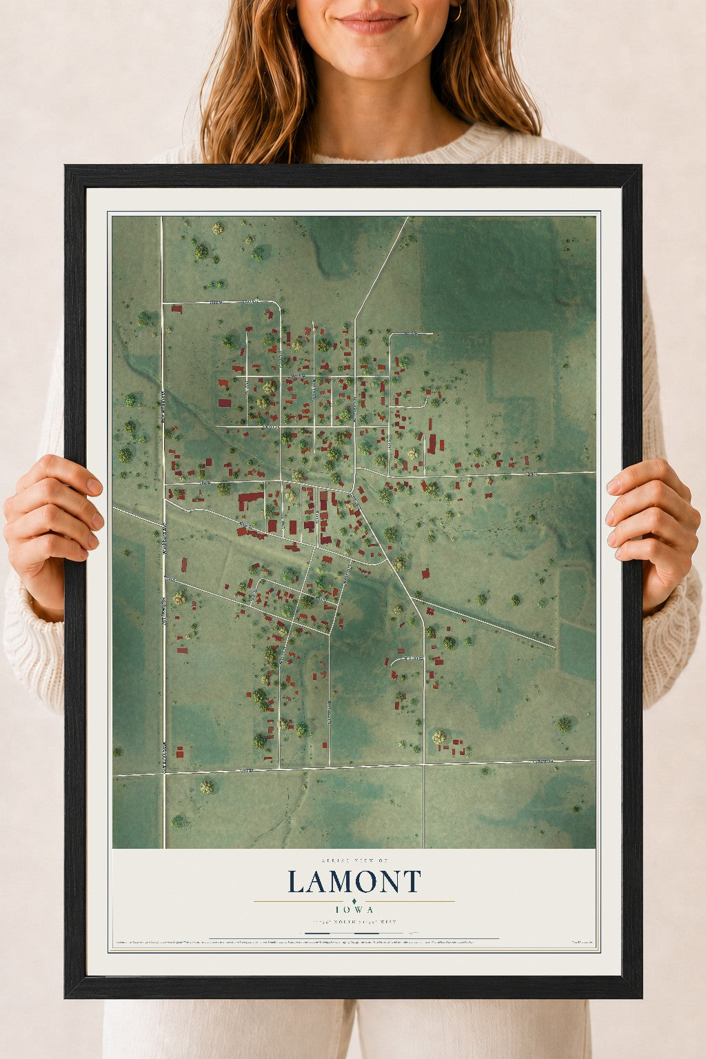 Map of Lamont, Iowa, 18 x 24 inch print in a black wood frame