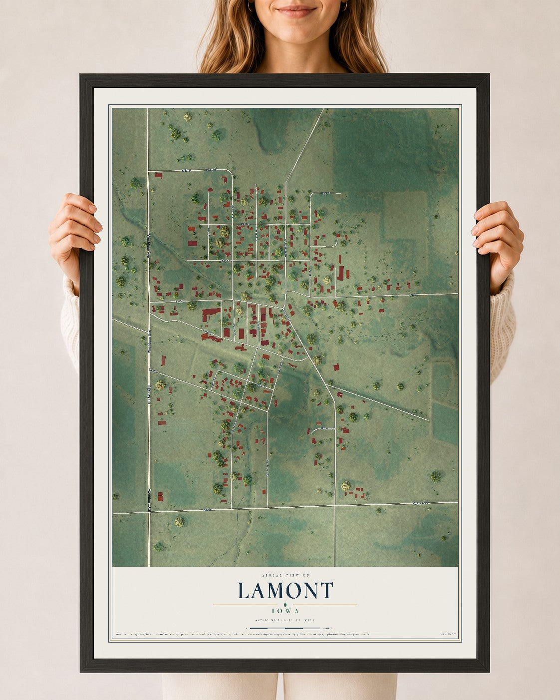 Map of Lamont, Iowa, 24 x 36 inch print in a black wood frame