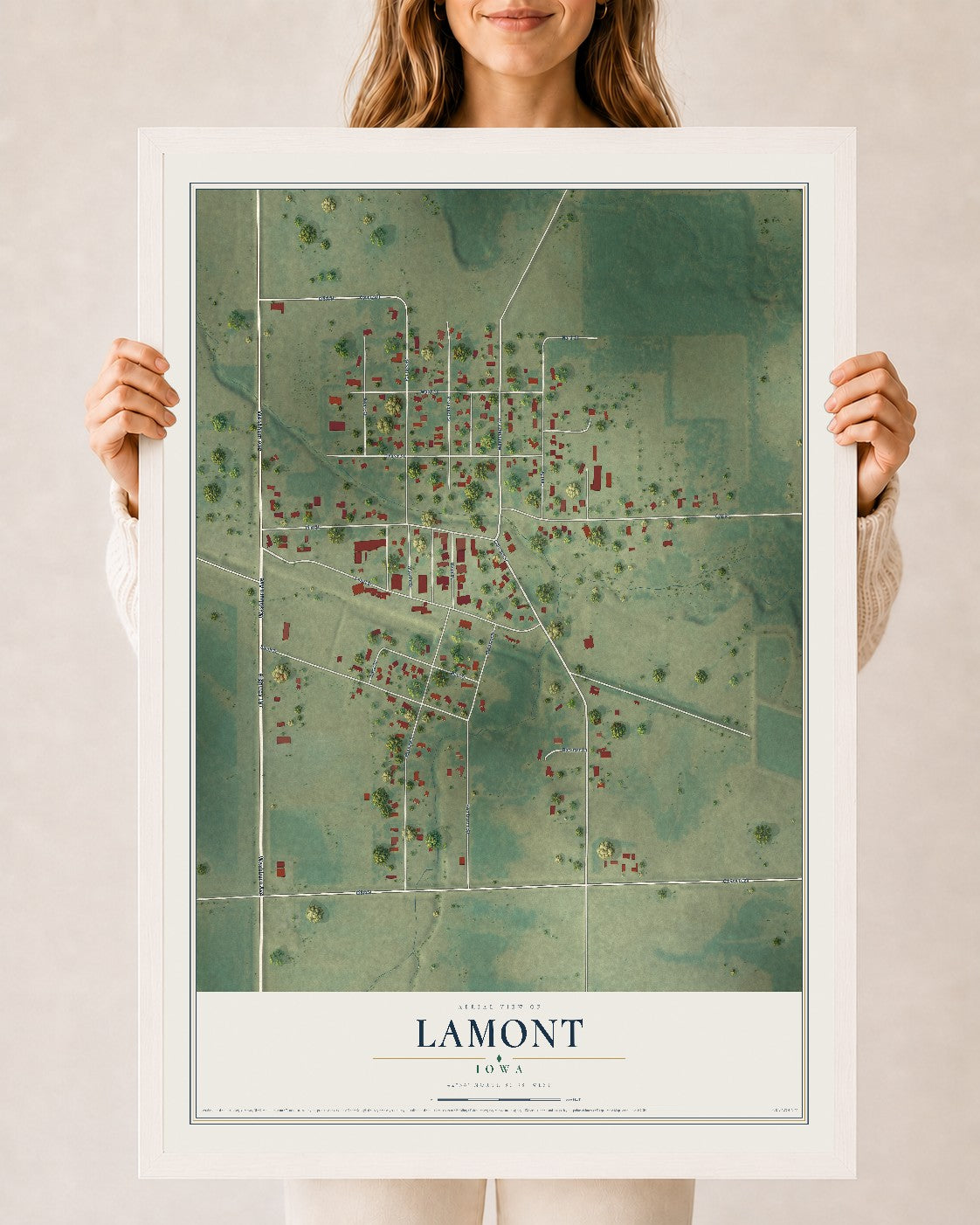 Map of Lamont, Iowa, 24 x 36 inch print in a white wood frame