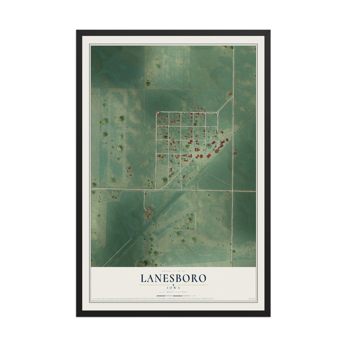 Map of Lanesboro, Iowa, 12 x 18 inch print in a black wood frame