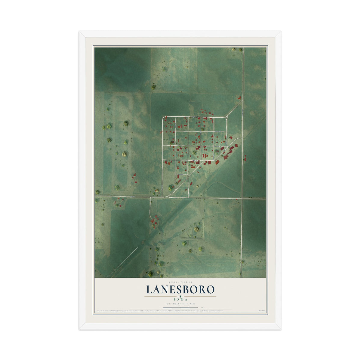 Map of Lanesboro, Iowa, 12 x 18 inch print in a white wood frame