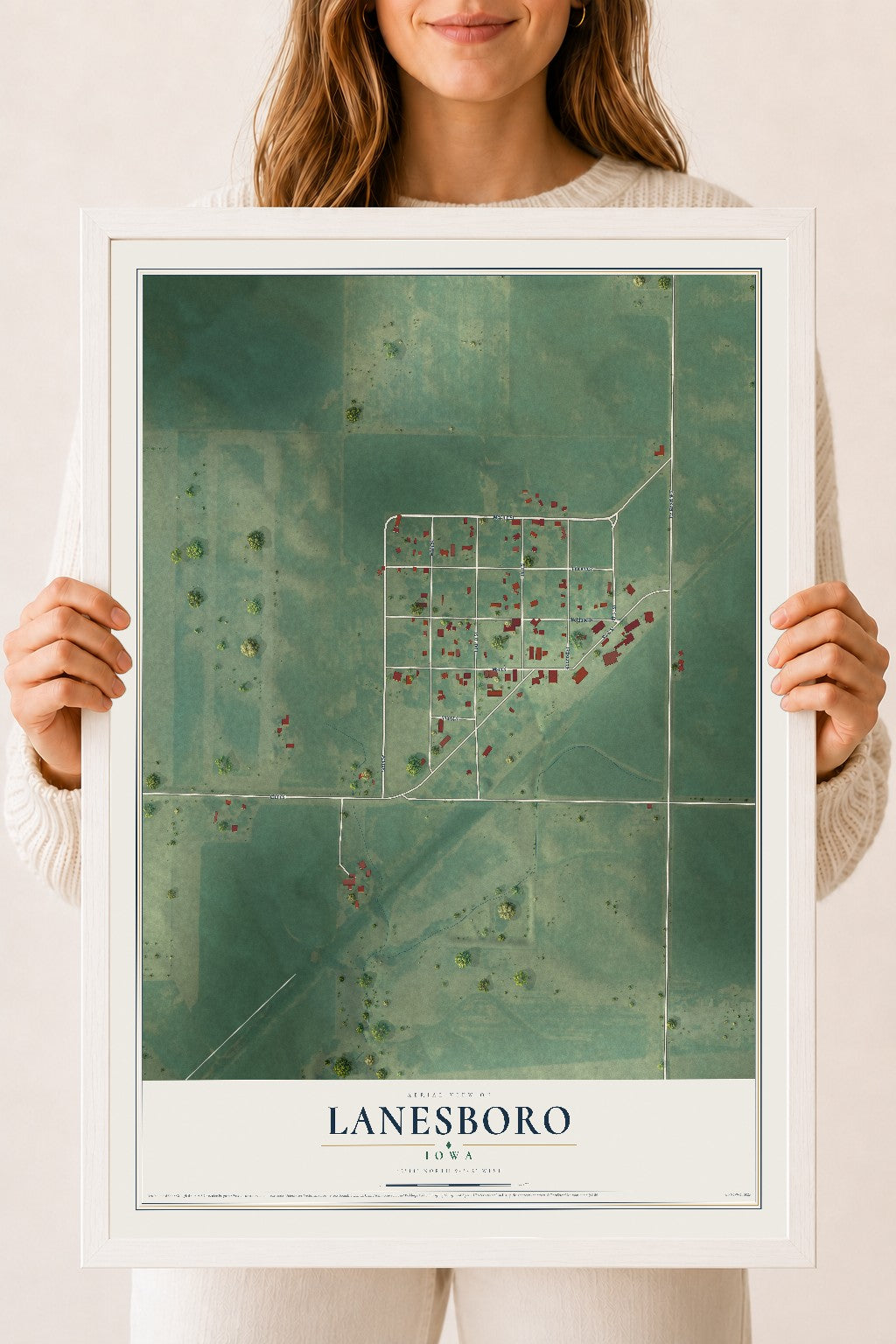 Map of Lanesboro, Iowa, 18 x 24 inch print in a white wood frame
