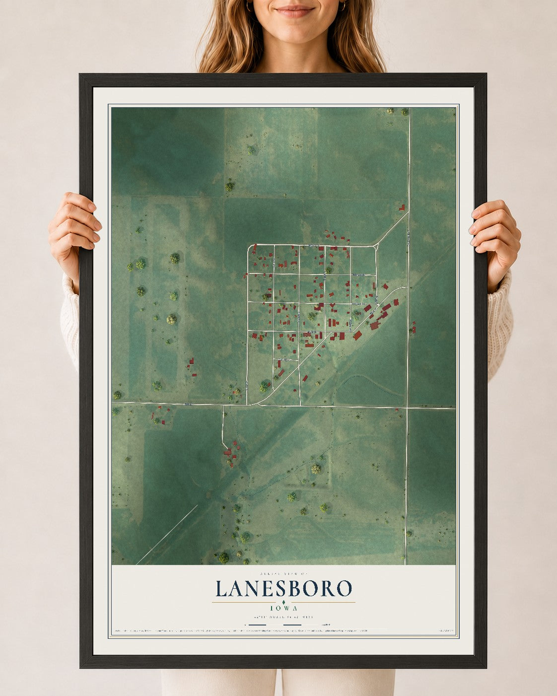Map of Lanesboro, Iowa, 24 x 36 inch print in a black wood frame