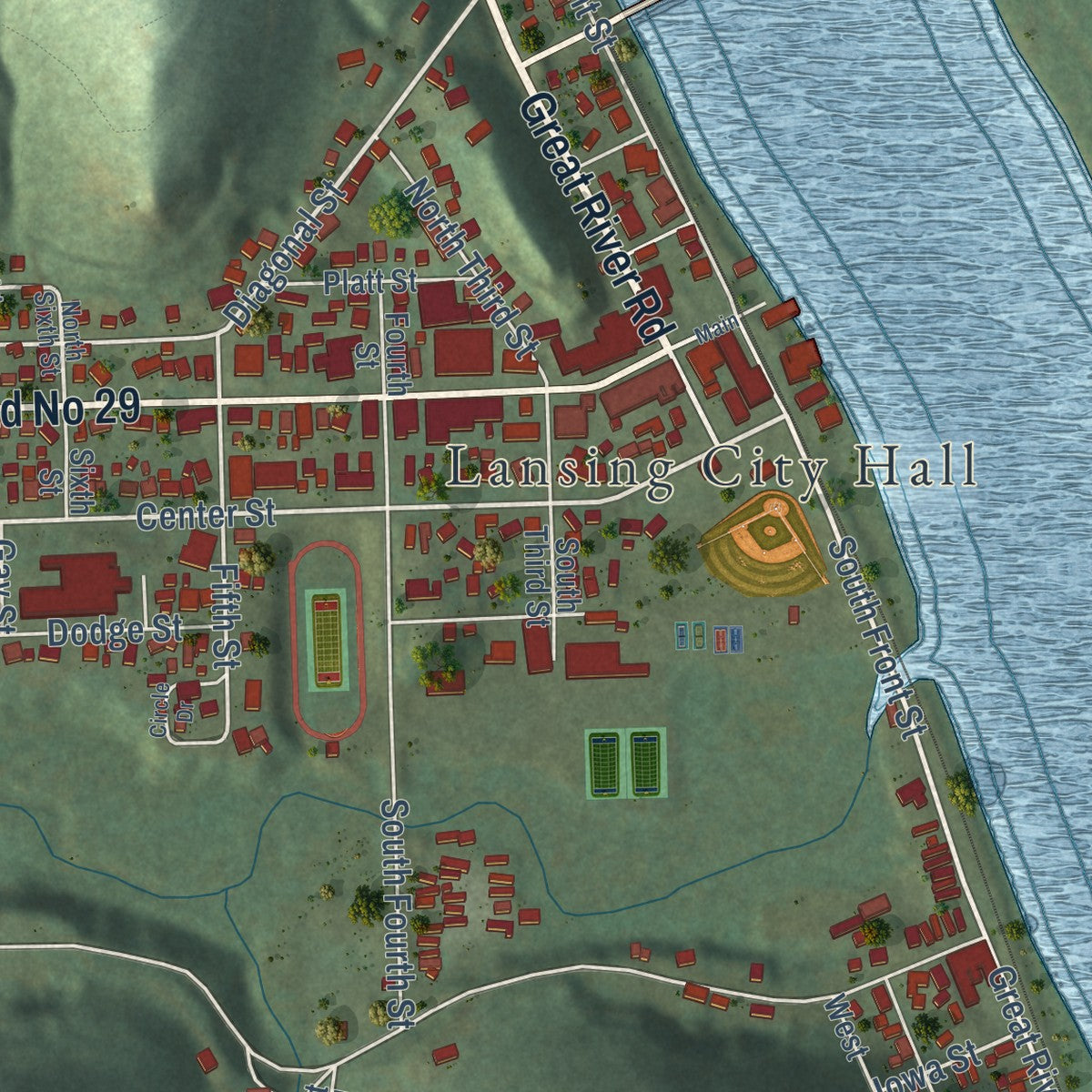 Second close-up of the map of Lansing, Iowa print showing more streets and buildings