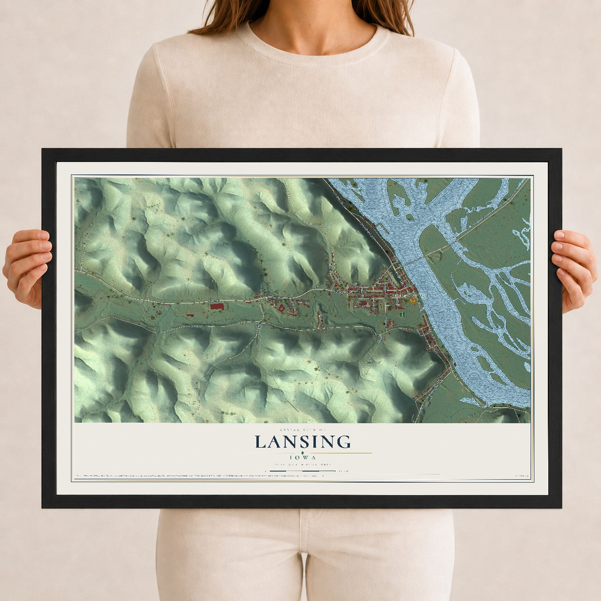 Map of Lansing, Iowa, 12 x 18 inch print in a black wood frame