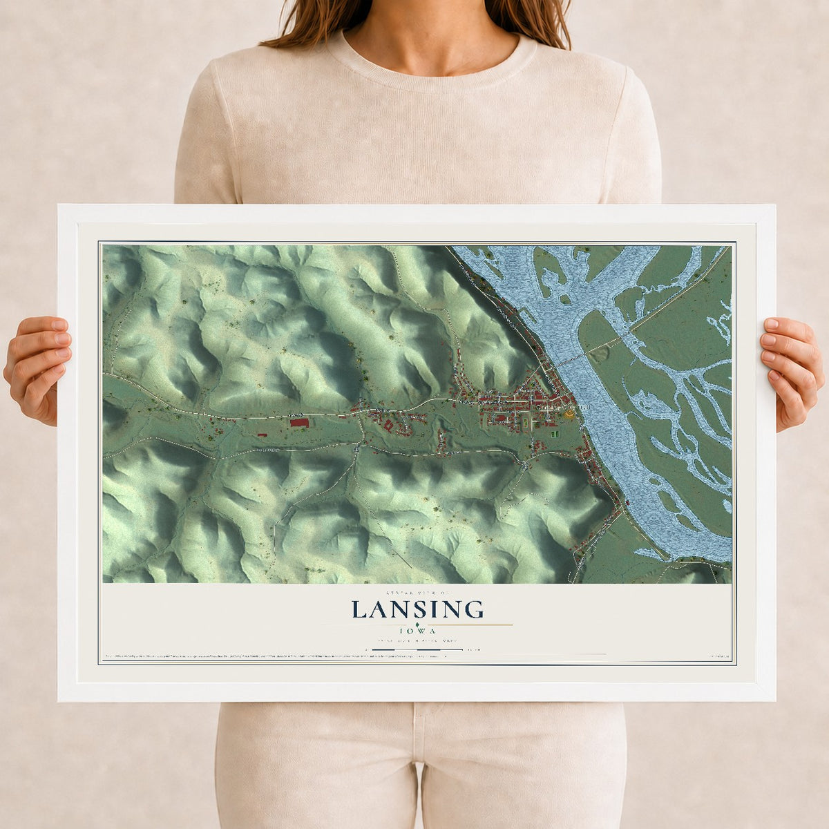 Map of Lansing, Iowa, 12 x 18 inch print in a white wood frame