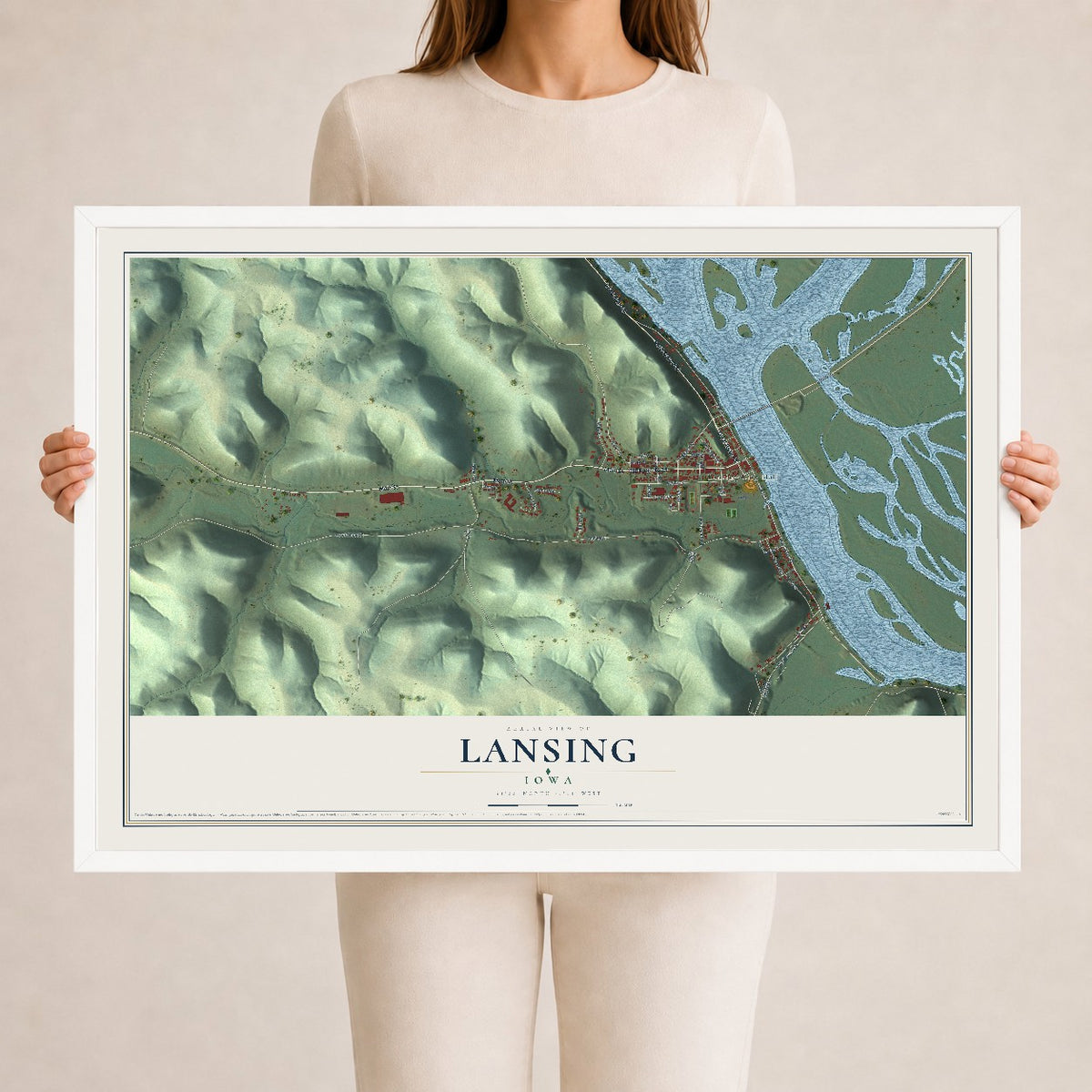 Map of Lansing, Iowa, 24 x 36 inch print in a white wood frame
