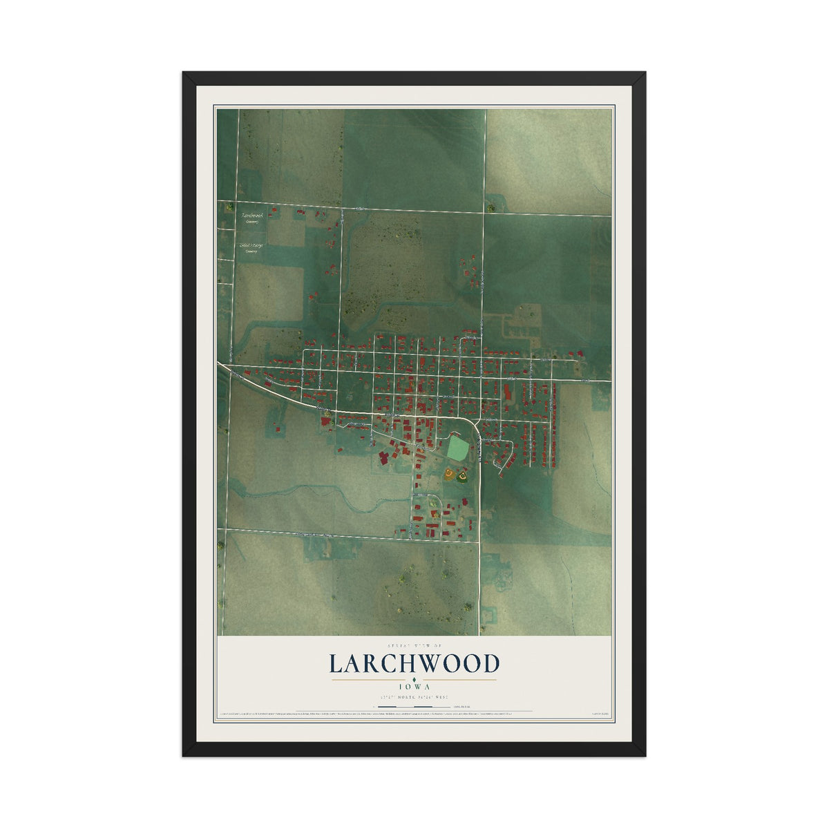 Map of Larchwood, Iowa, 12 x 18 inch print in a black wood frame