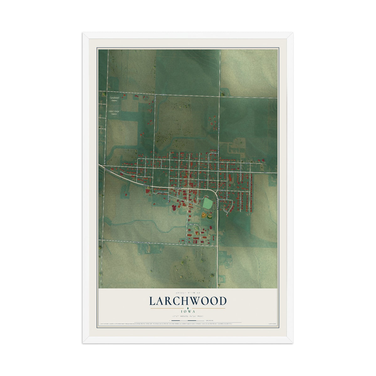 Map of Larchwood, Iowa, 12 x 18 inch print in a white wood frame