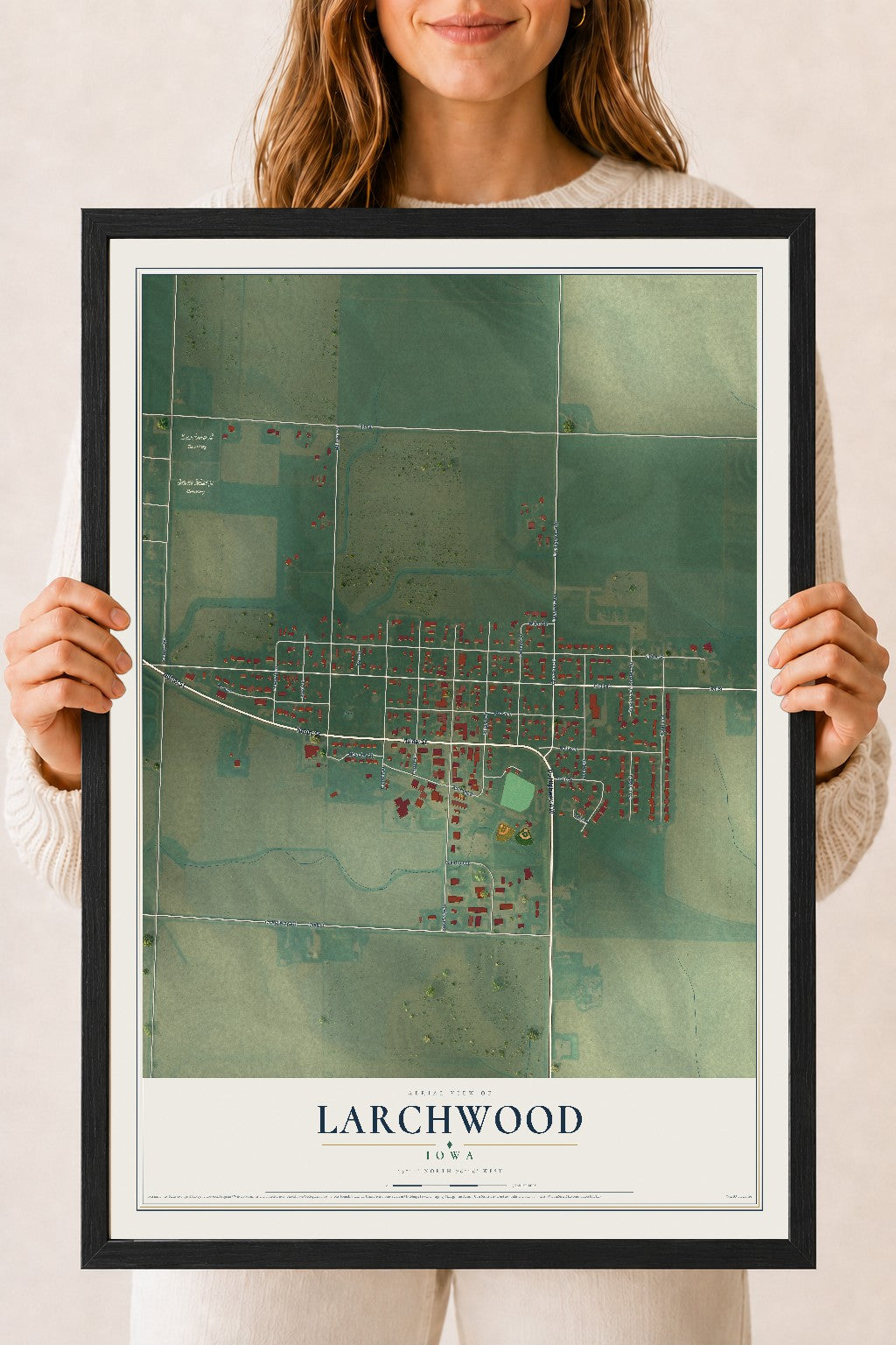 Map of Larchwood, Iowa, 18 x 24 inch print in a black wood frame