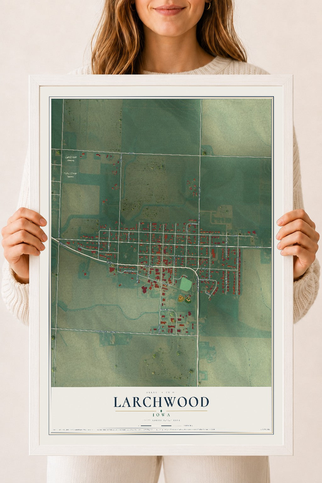 Map of Larchwood, Iowa, 18 x 24 inch print in a white wood frame