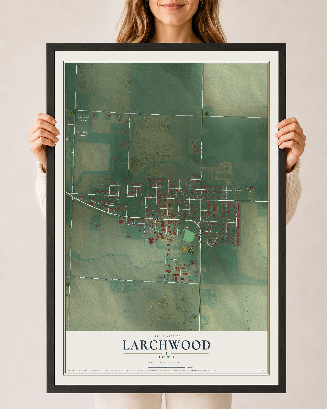 Map of Larchwood, Iowa, 24 x 36 inch print in a black wood frame