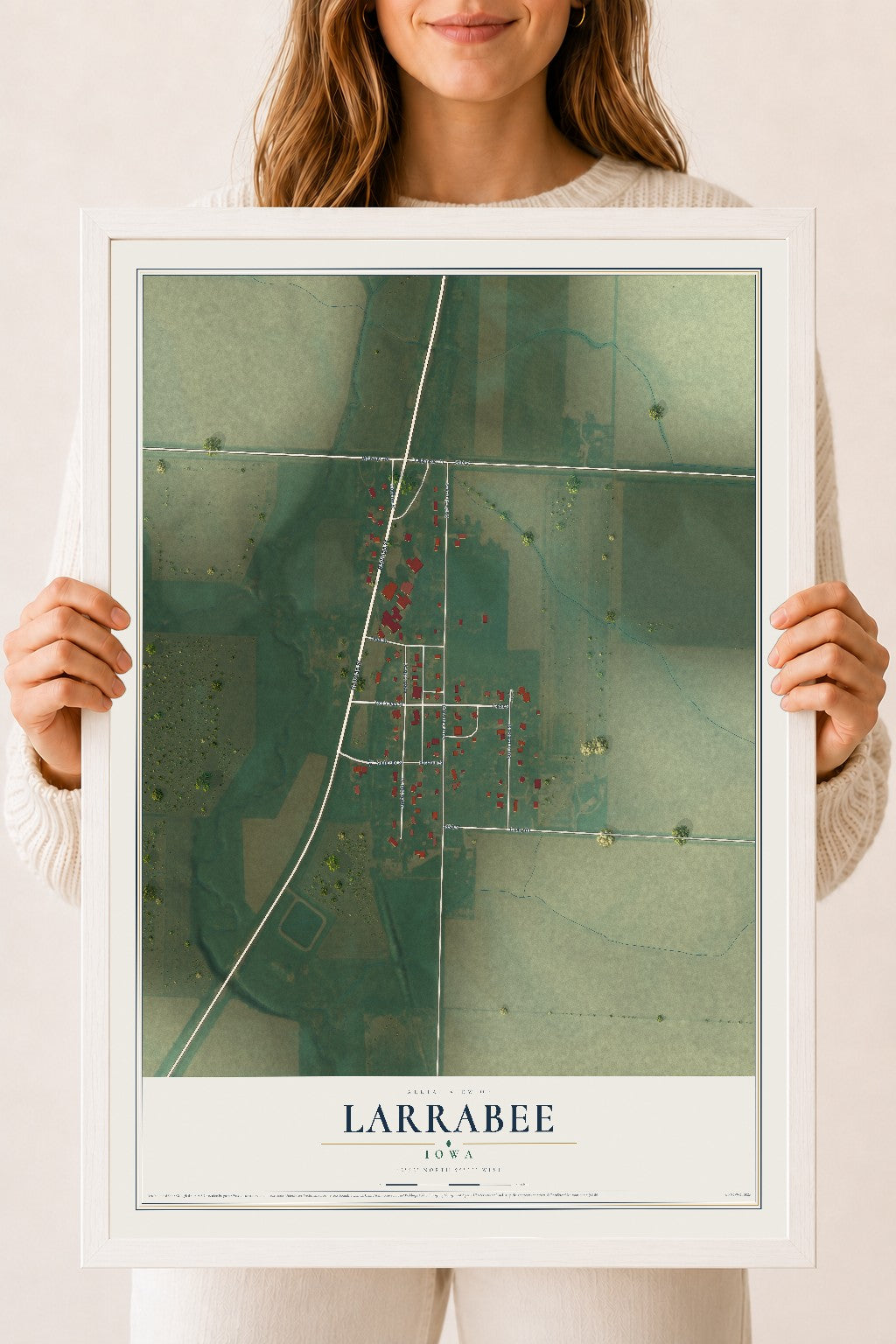 Map of Larrabee, Iowa, 18 x 24 inch print in a white wood frame