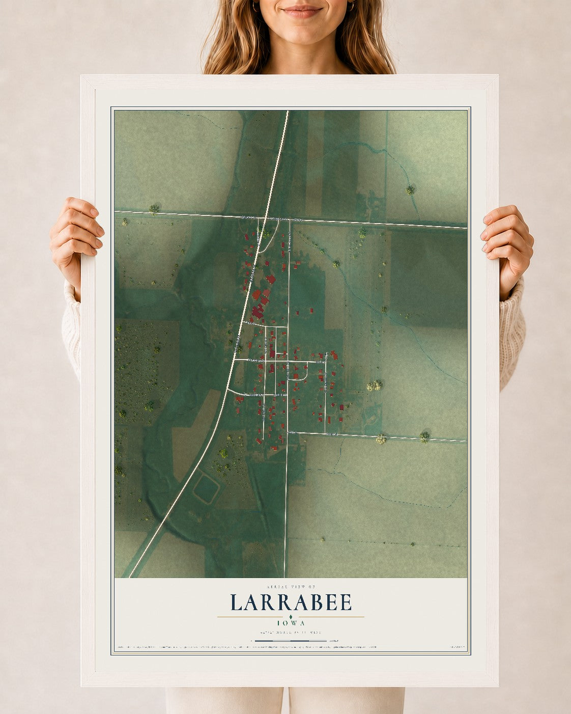 Map of Larrabee, Iowa, 24 x 36 inch print in a white wood frame