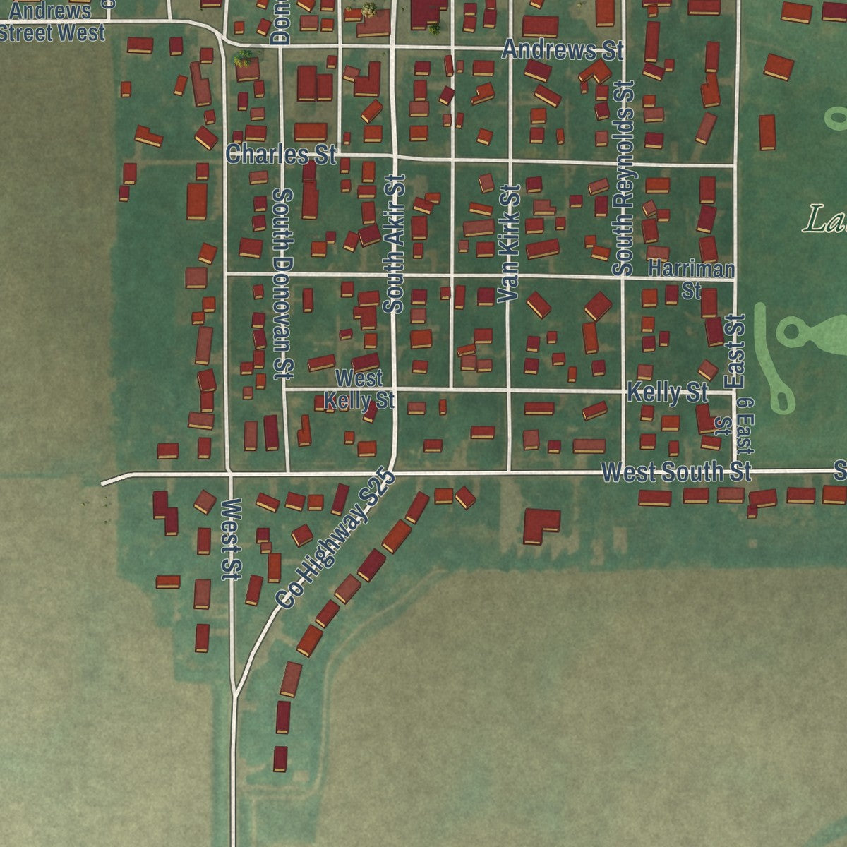 Close-up of the map of Latimer, Iowa print showing street and building detail