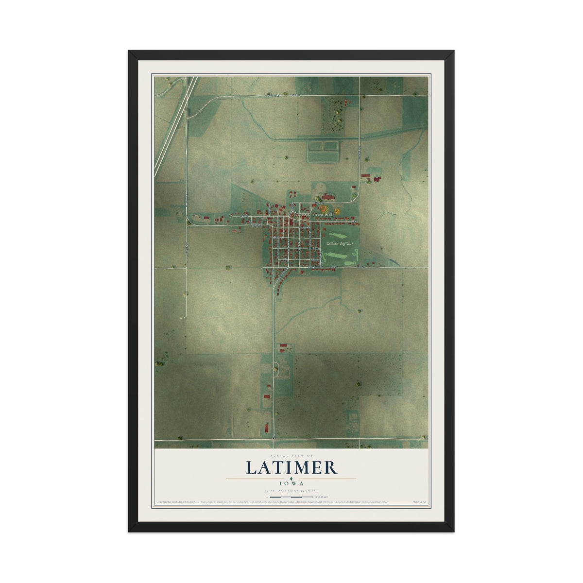 Map of Latimer, Iowa, 12 x 18 inch print in a black wood frame