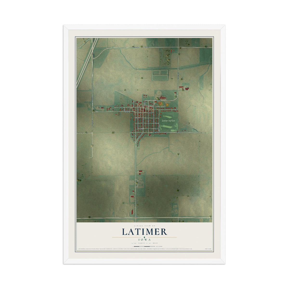 Map of Latimer, Iowa, 12 x 18 inch print in a white wood frame