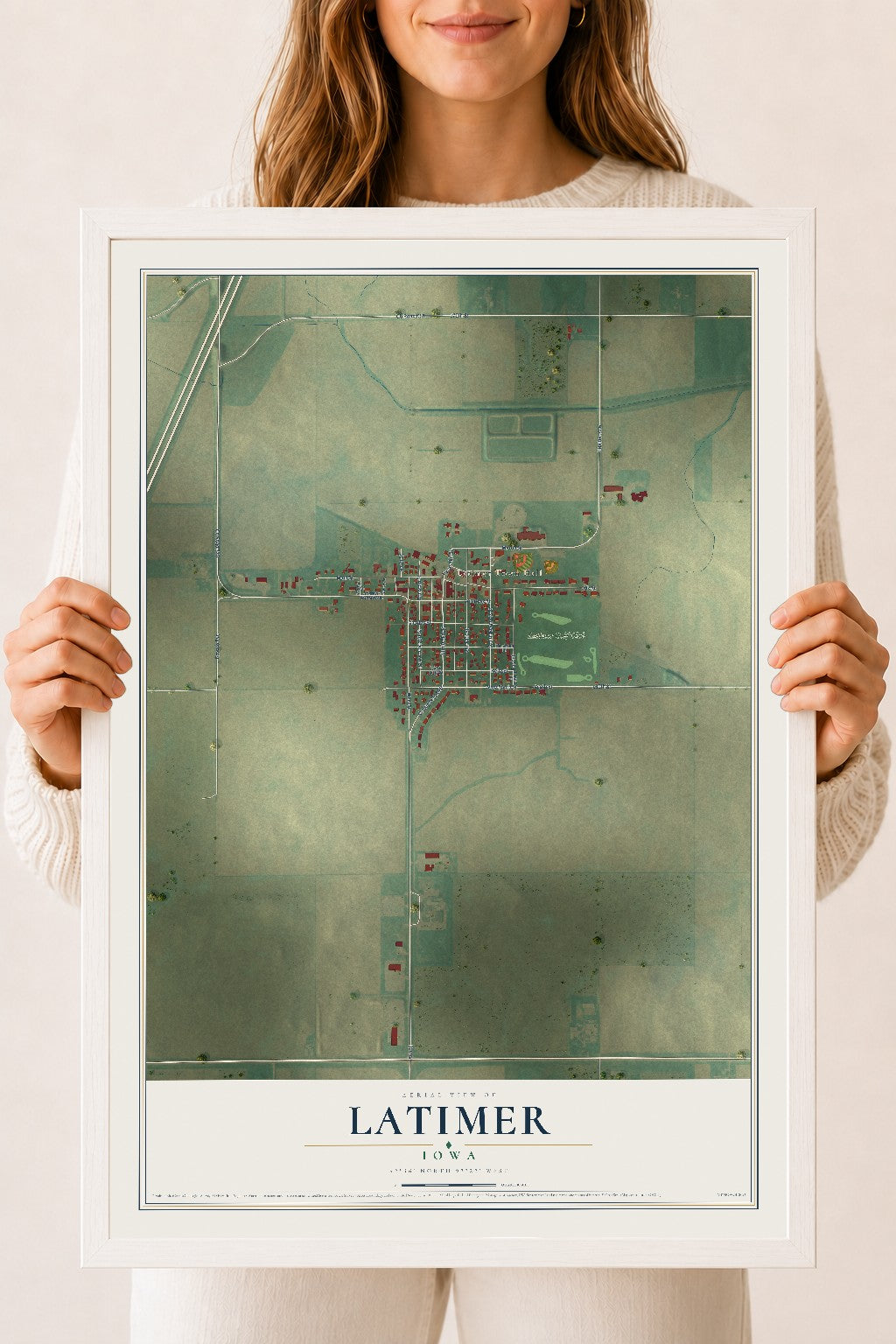 Map of Latimer, Iowa, 18 x 24 inch print in a white wood frame