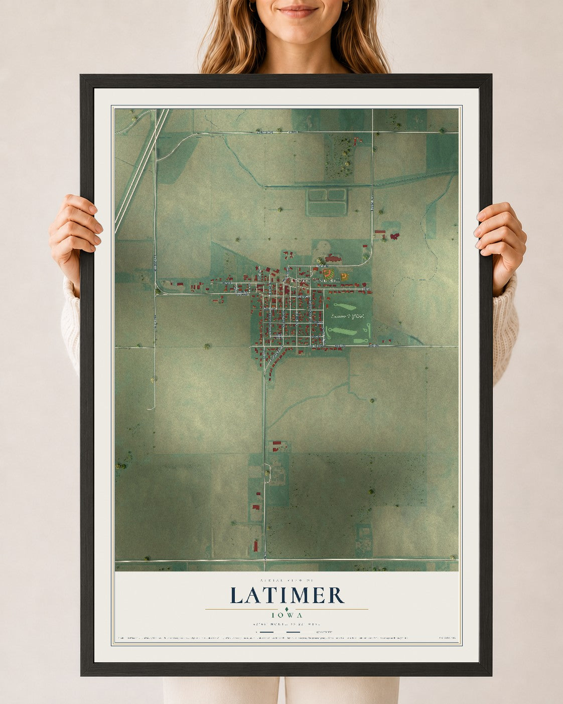 Map of Latimer, Iowa, 24 x 36 inch print in a black wood frame