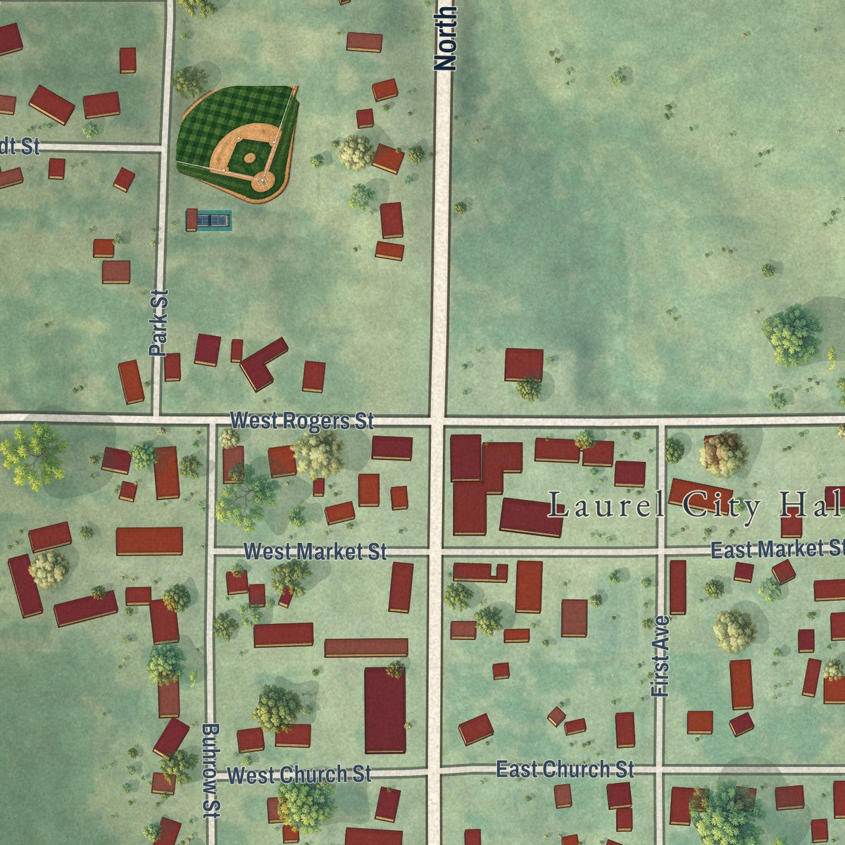 Close-up of the map of Laurel, Iowa print showing street and building detail