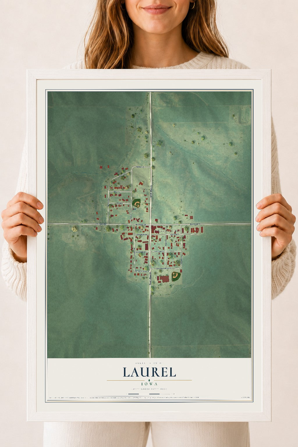 Map of Laurel, Iowa, 18 x 24 inch print in a white wood frame