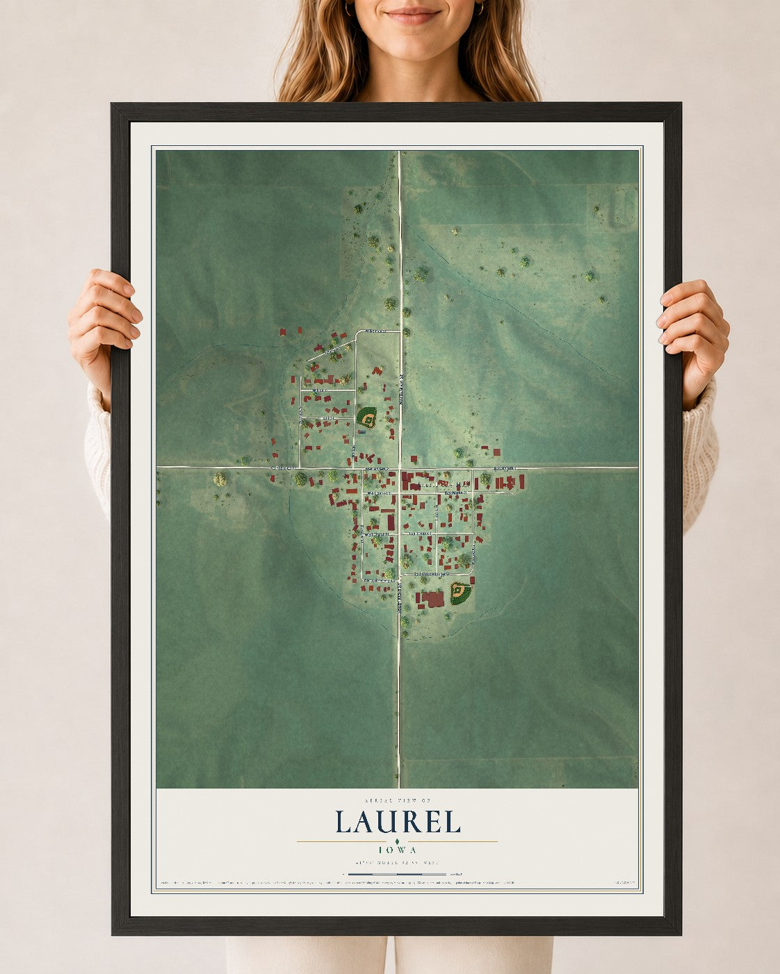 Map of Laurel, Iowa, 24 x 36 inch print in a black wood frame