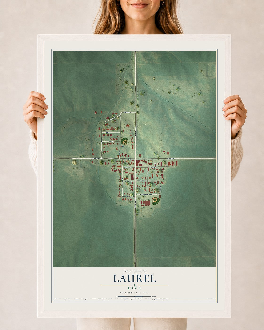 Map of Laurel, Iowa, 24 x 36 inch print in a white wood frame
