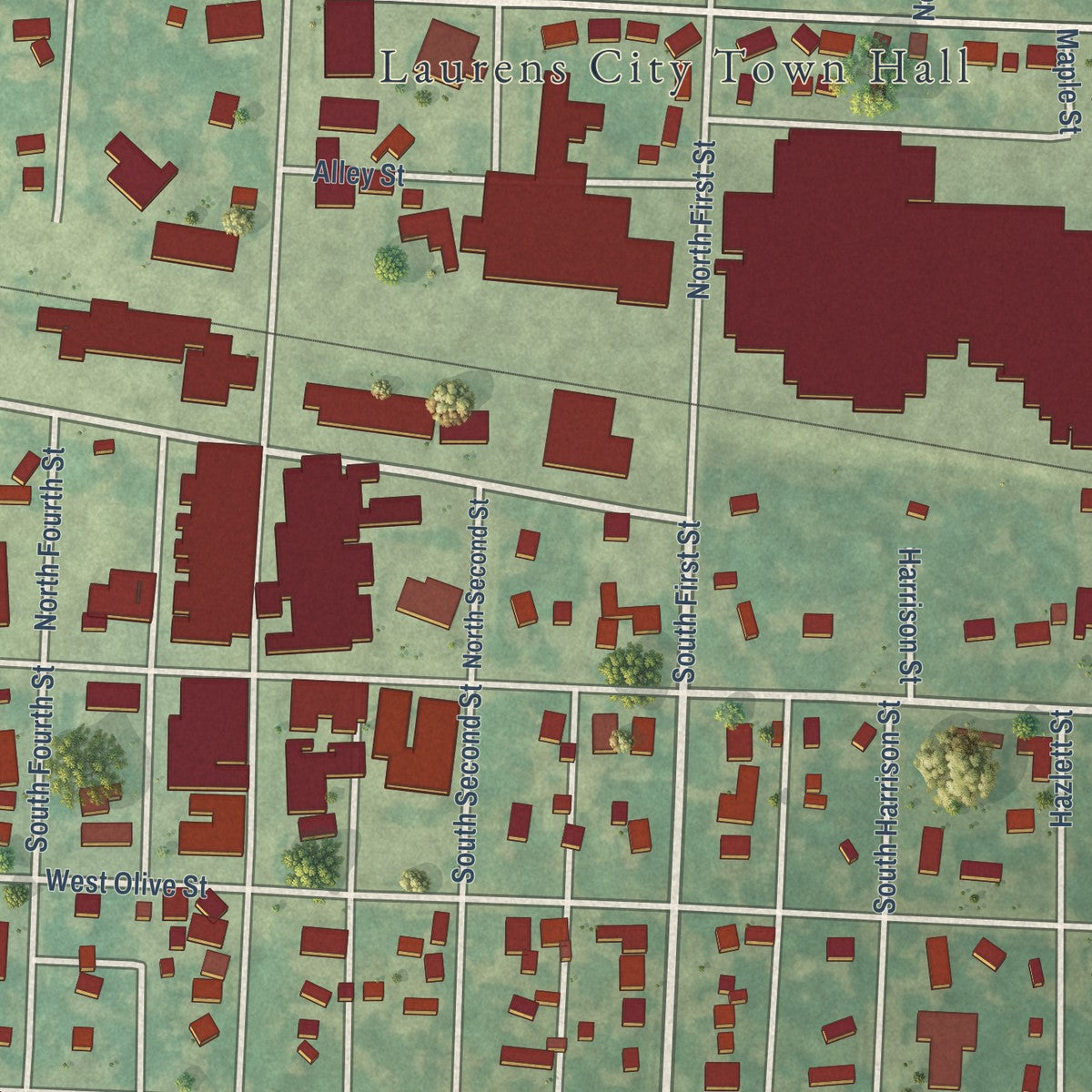 Close-up of the map of Laurens, Iowa print showing street and building detail