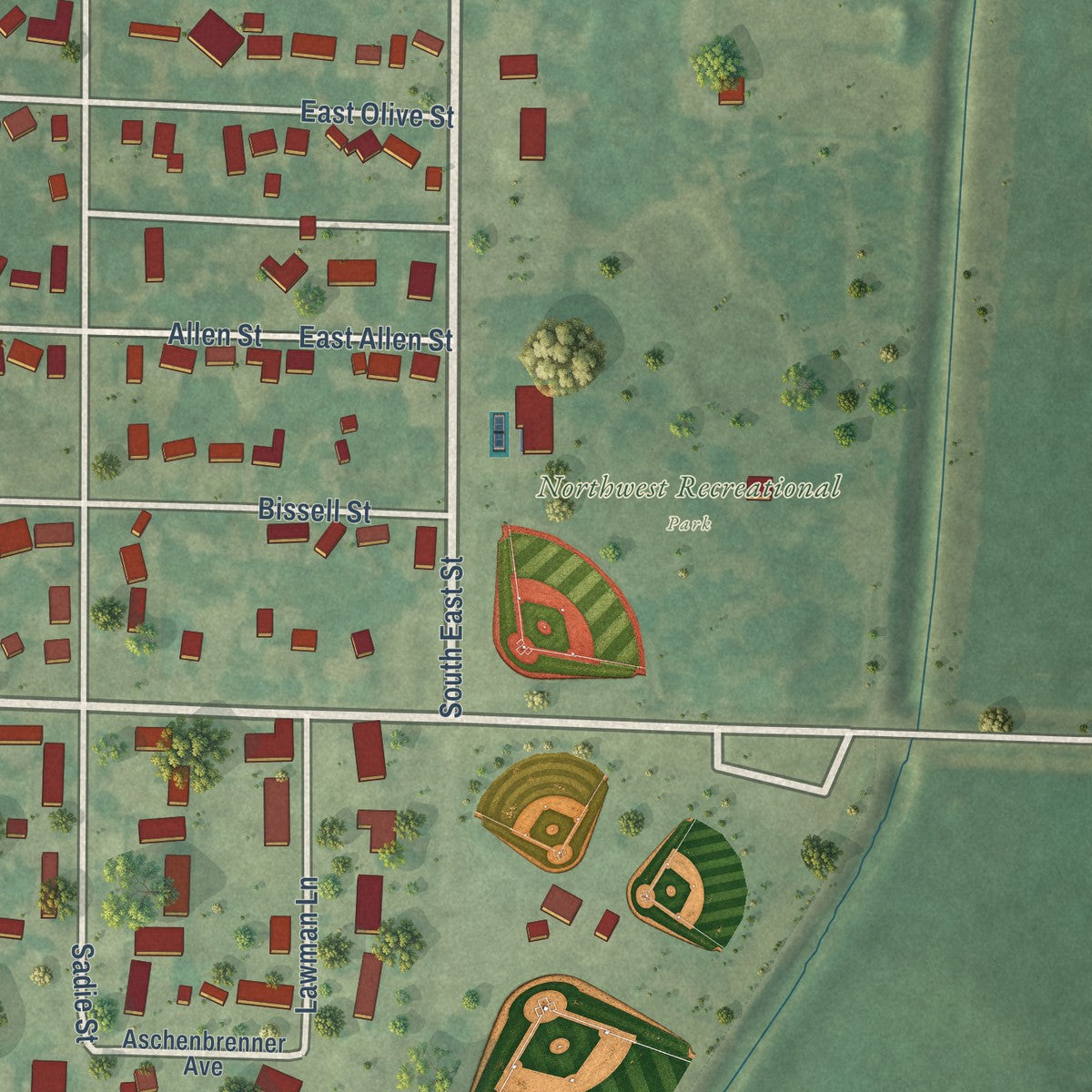 Second close-up of the map of Laurens, Iowa print showing more streets and buildings
