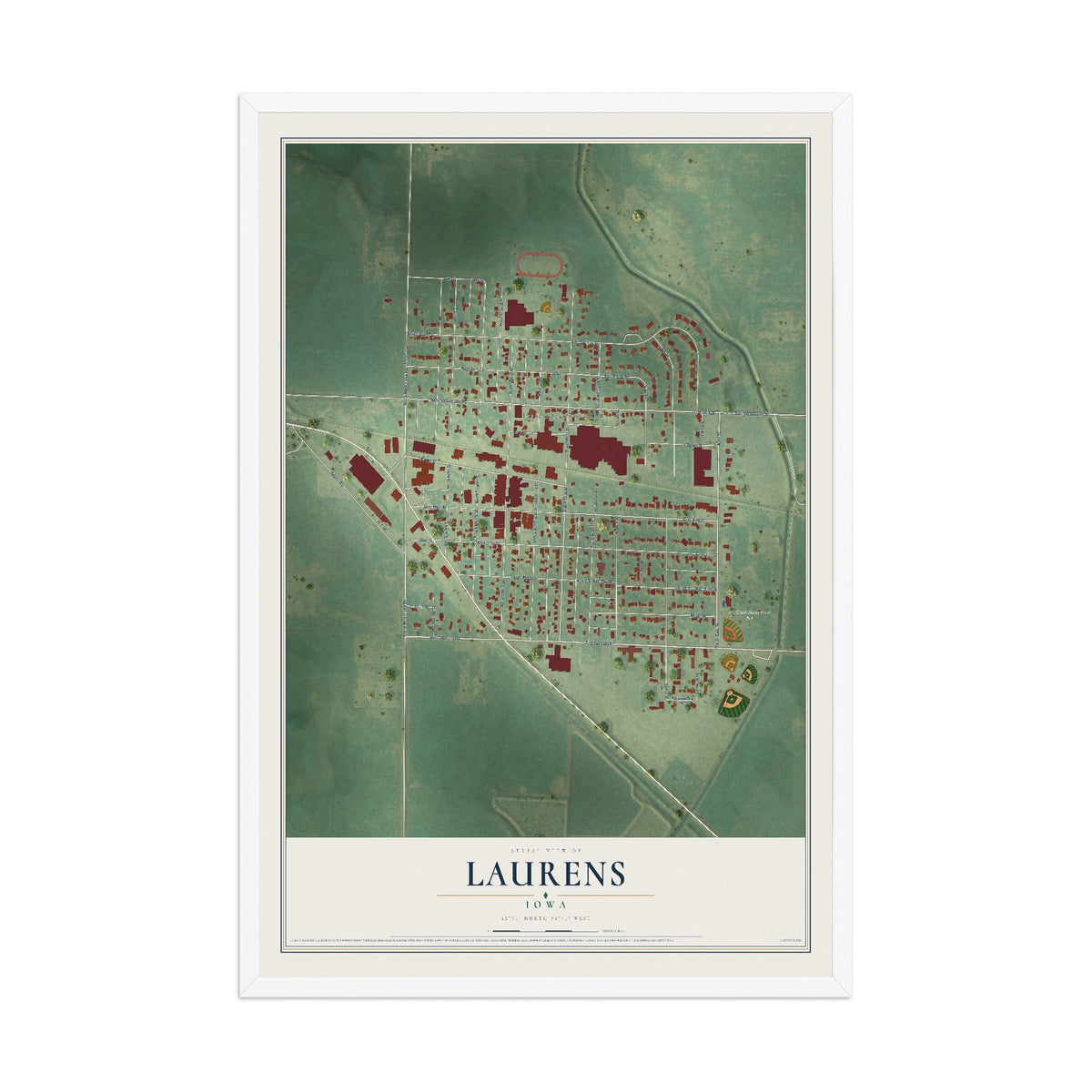 Map of Laurens, Iowa, 12 x 18 inch print in a white wood frame