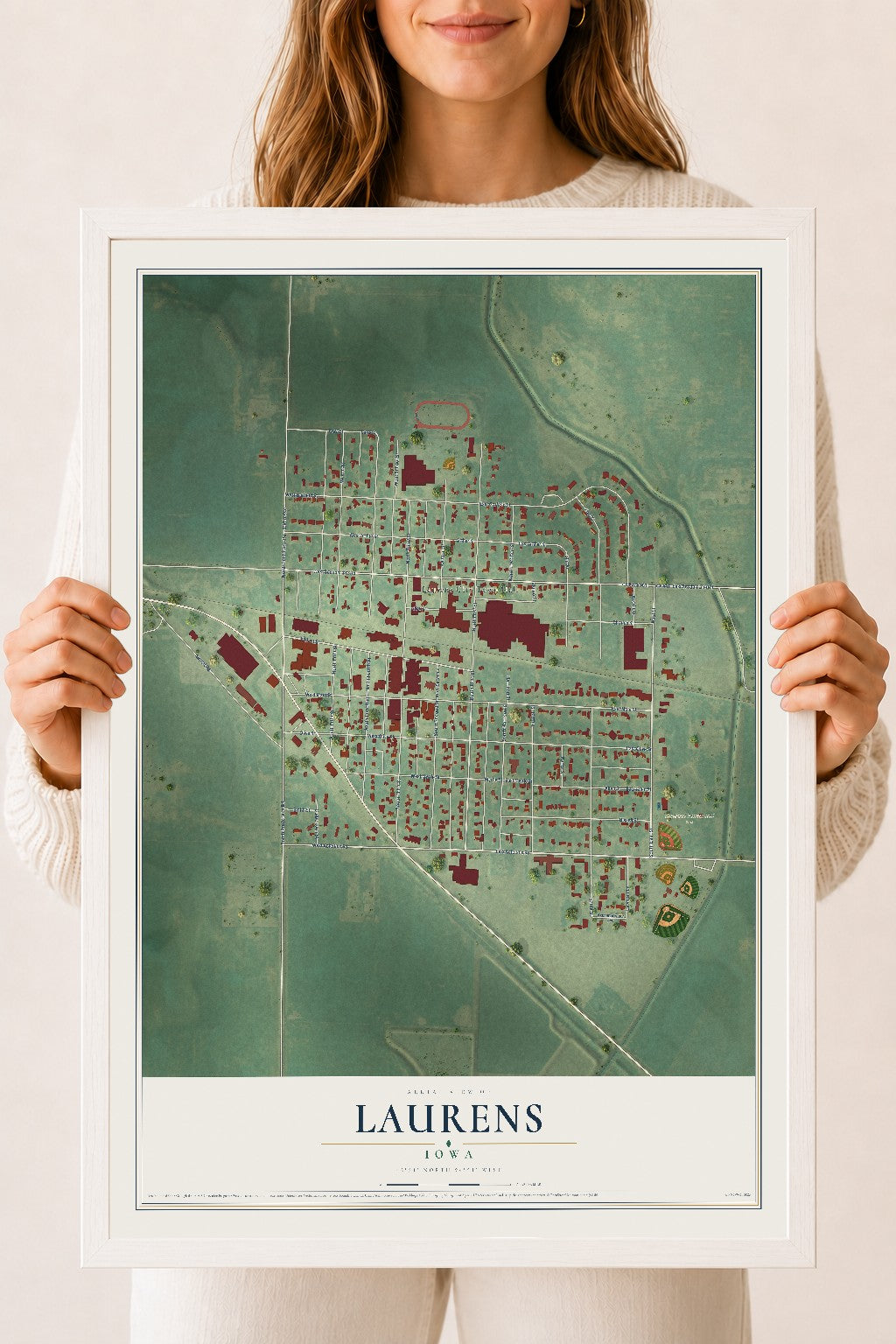 Map of Laurens, Iowa, 18 x 24 inch print in a white wood frame