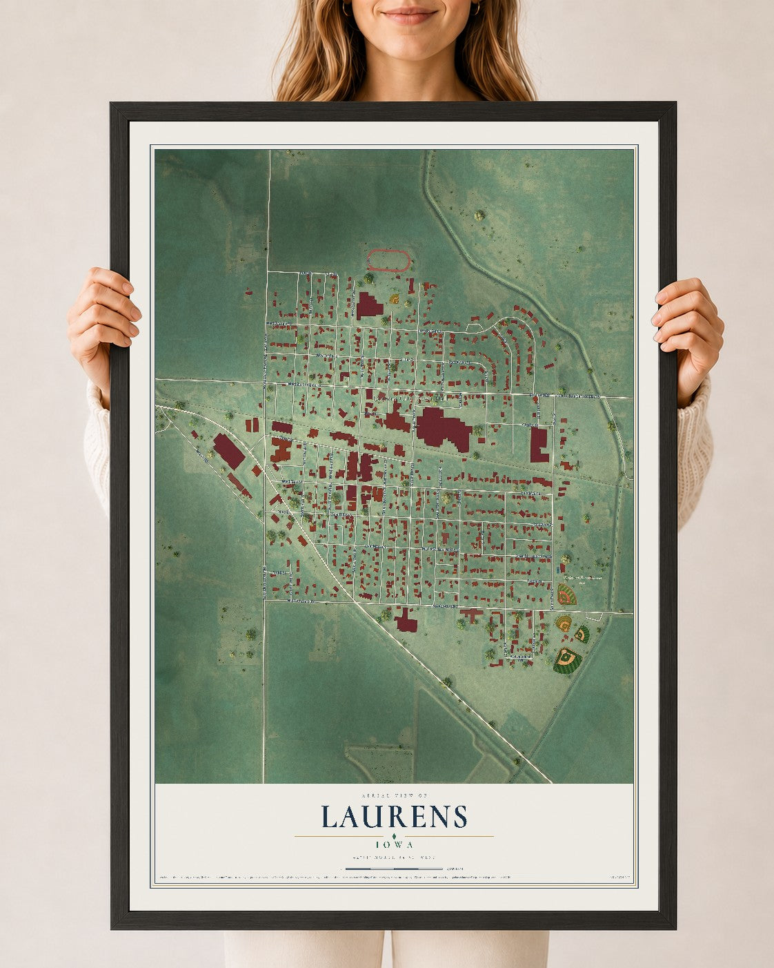 Map of Laurens, Iowa, 24 x 36 inch print in a black wood frame