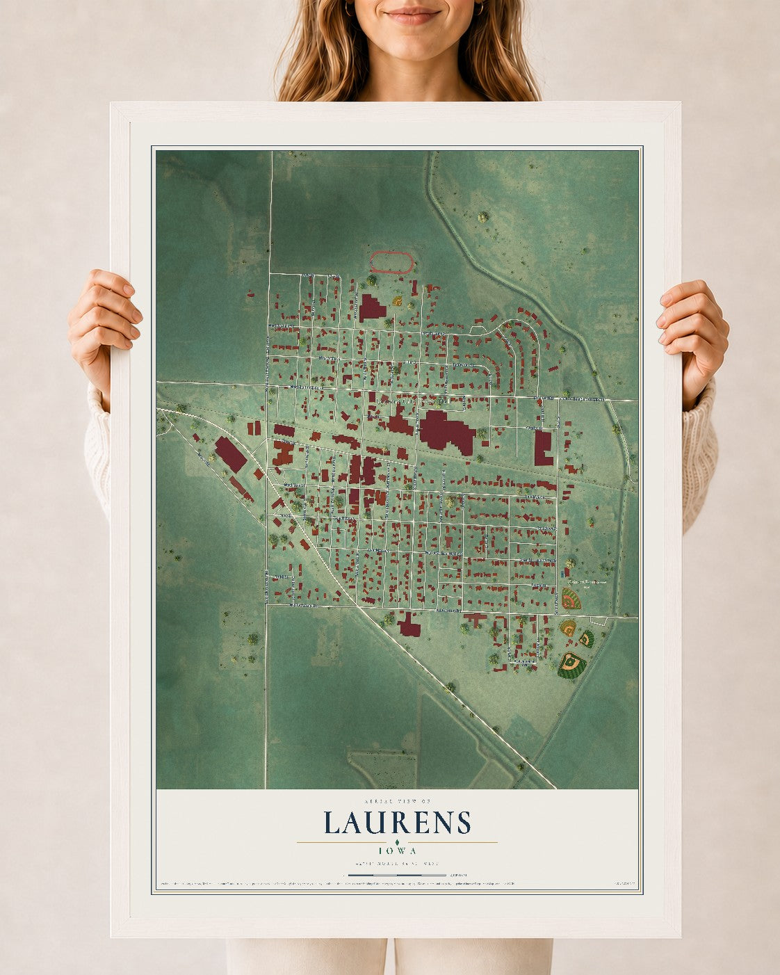 Map of Laurens, Iowa, 24 x 36 inch print in a white wood frame