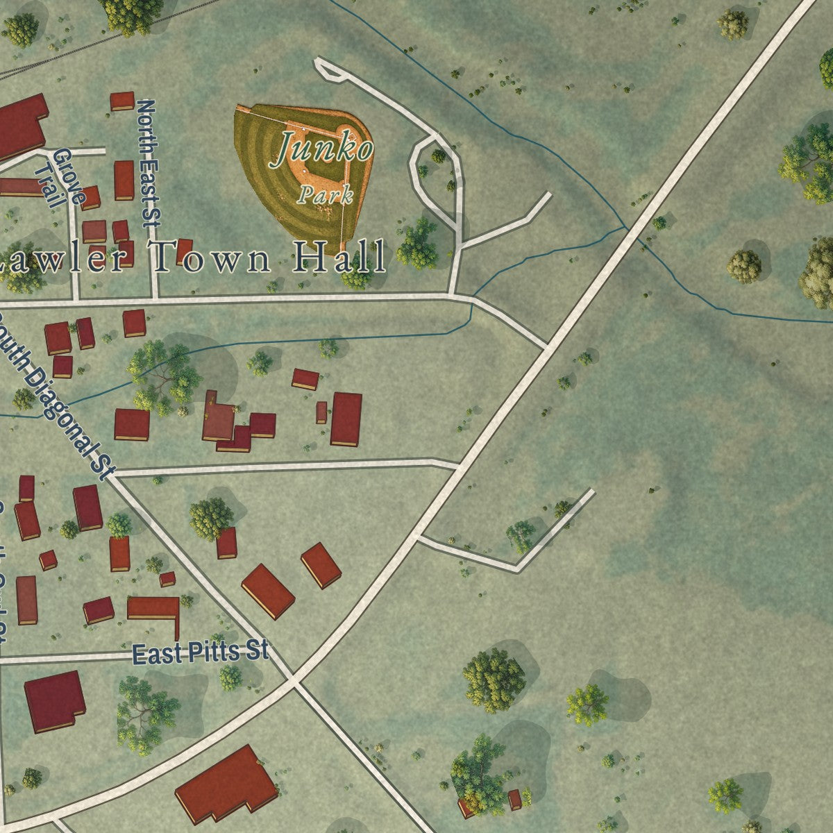 Second close-up of the map of Lawler, Iowa print showing more streets and buildings