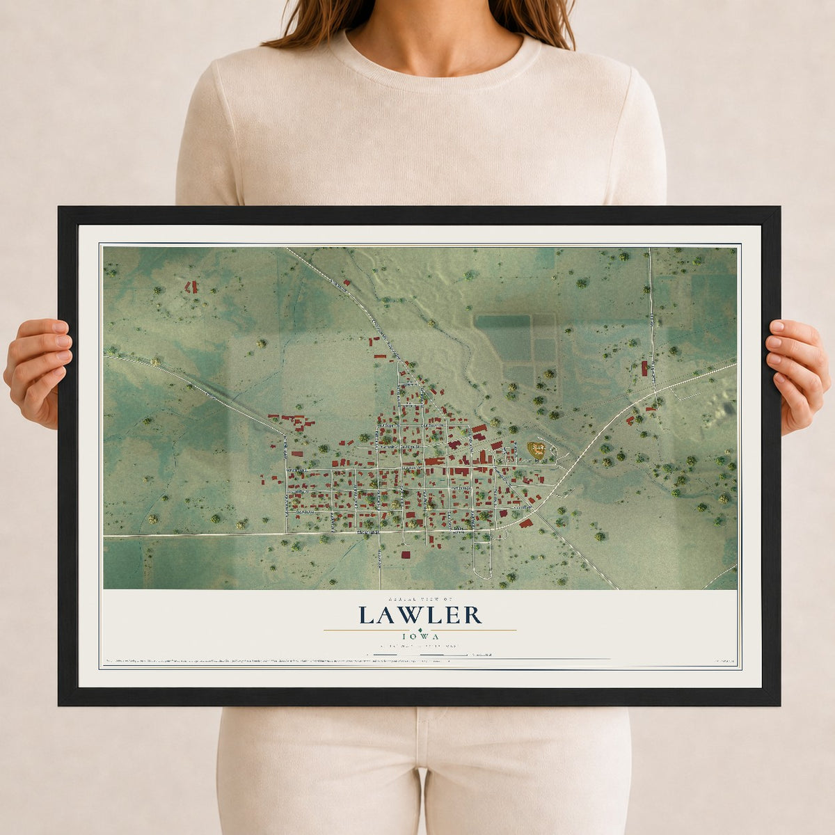 Map of Lawler, Iowa, 12 x 18 inch print in a black wood frame