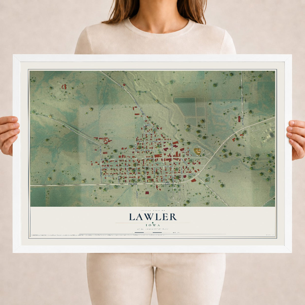 Map of Lawler, Iowa, 18 x 24 inch print in a white wood frame