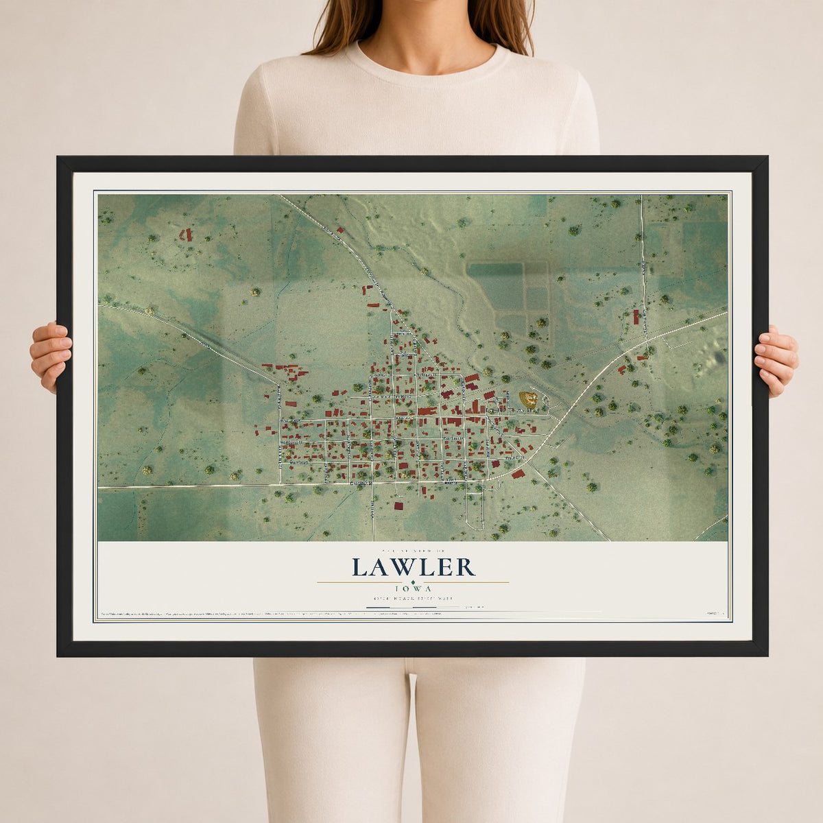 Map of Lawler, Iowa, 24 x 36 inch print in a black wood frame