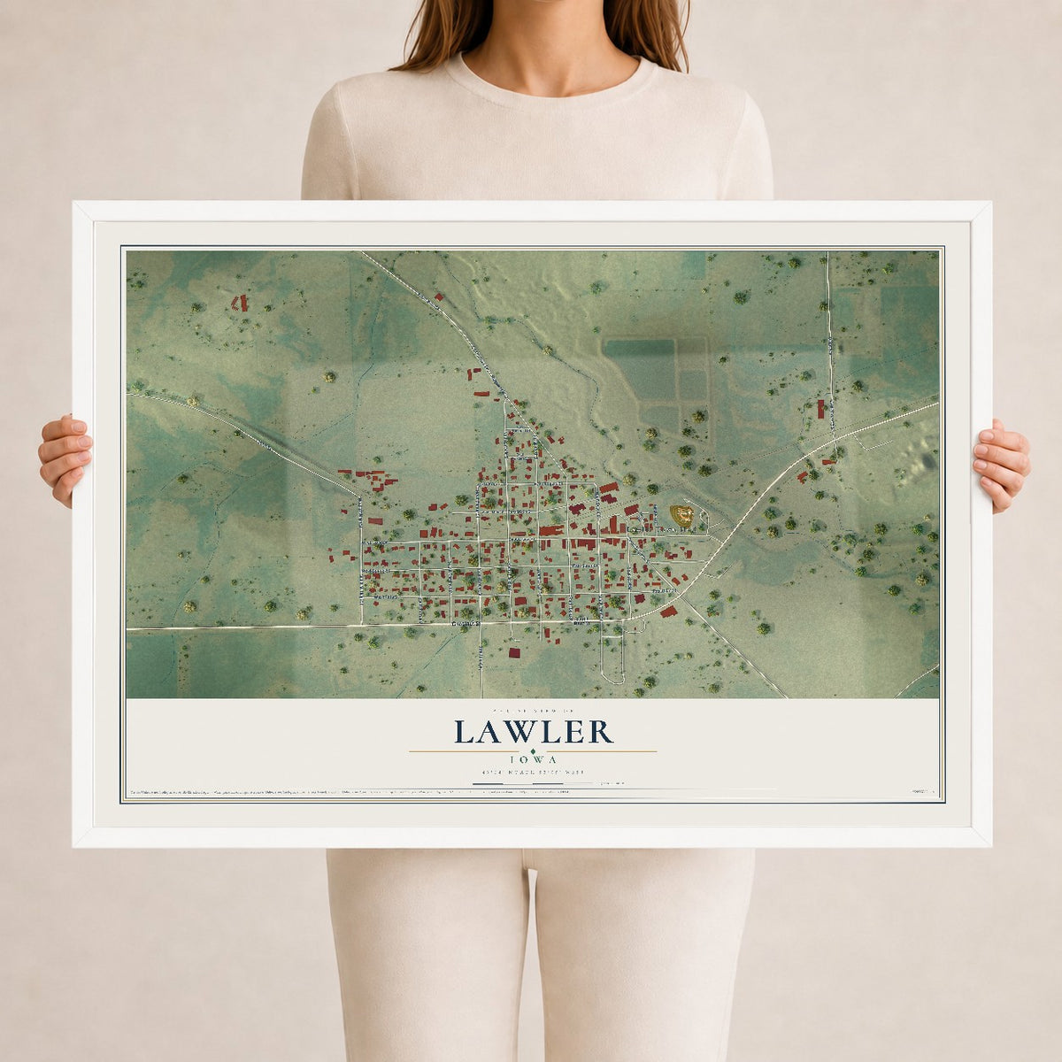 Map of Lawler, Iowa, 24 x 36 inch print in a white wood frame